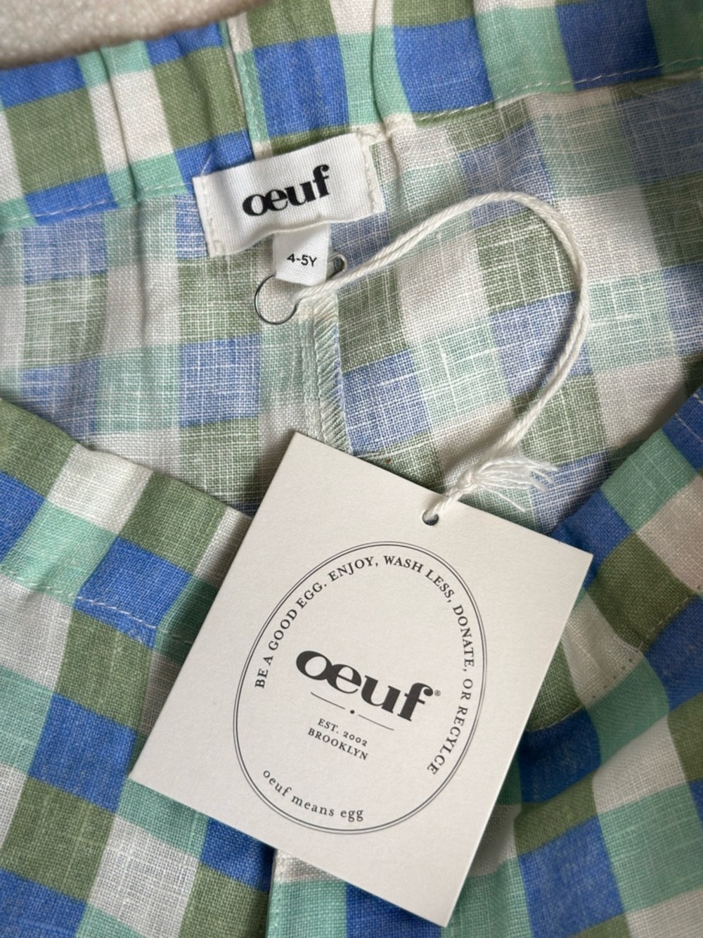 NWT Oeuf NYC Checked Linen Blue & Green Boy Shorts Waist adjustable sz 4-5Y